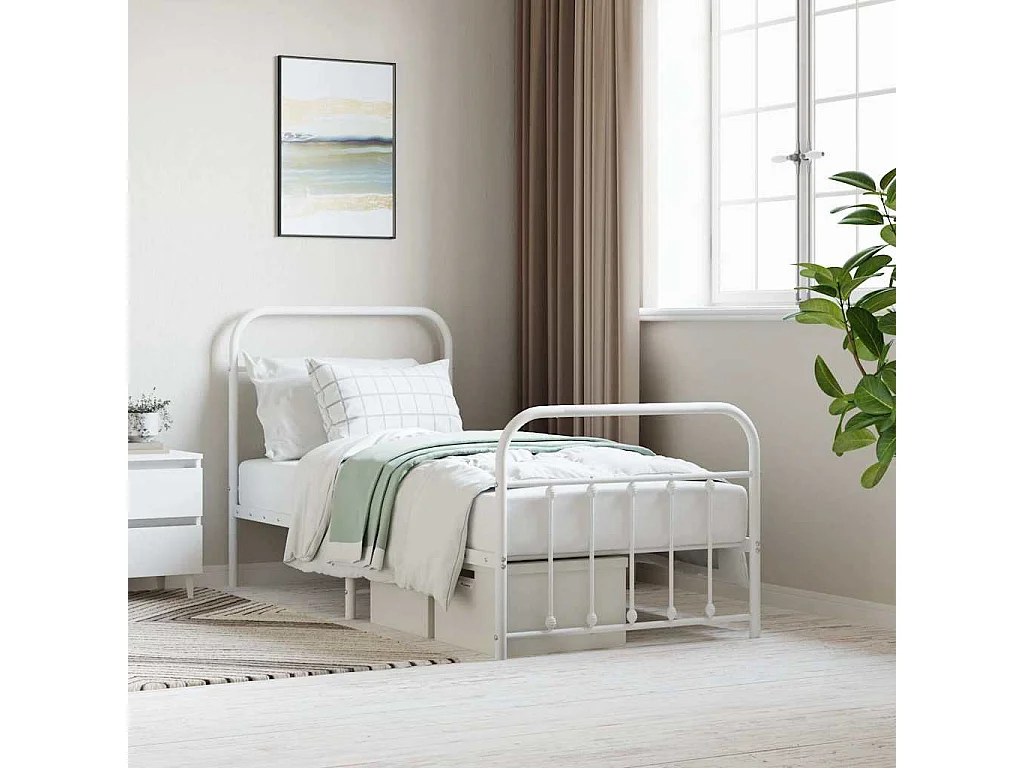 Cadre de lit métal sans matelas avec pied de lit blanc 90x200cm