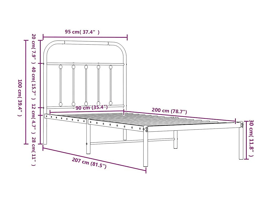 Cadre de lit métal sans matelas avec pied de lit blanc 90x200cm