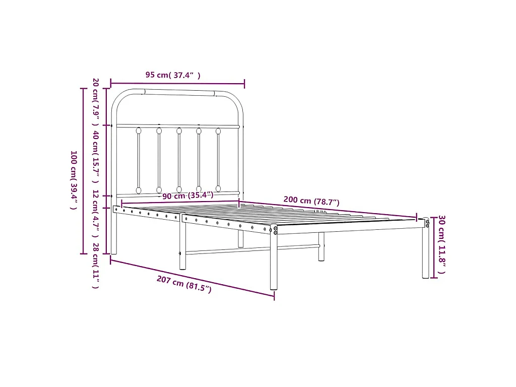 Cadre de lit métal sans matelas avec pied de lit blanc 90x200cm
