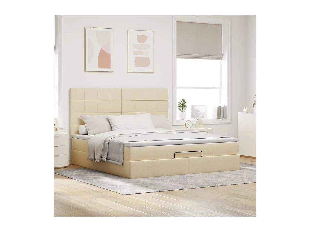 Cadre de lit ottoman avec matelas crème 160x200 cm tissu