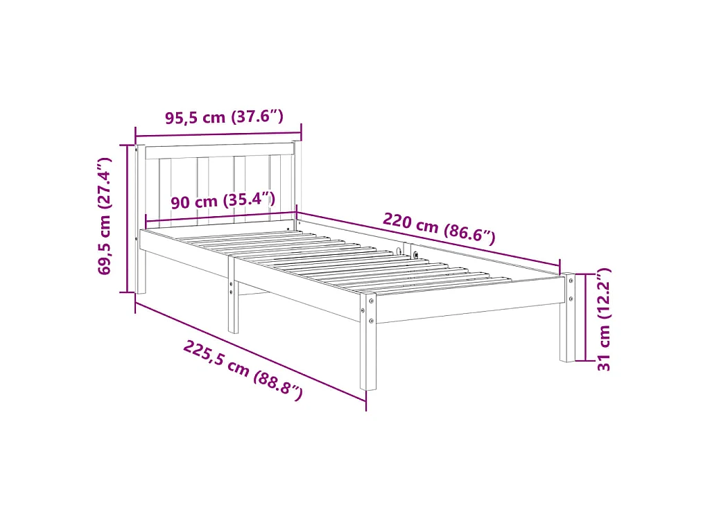 Cadre de lit extra long sans matelas 90x220 cm bois massif pin