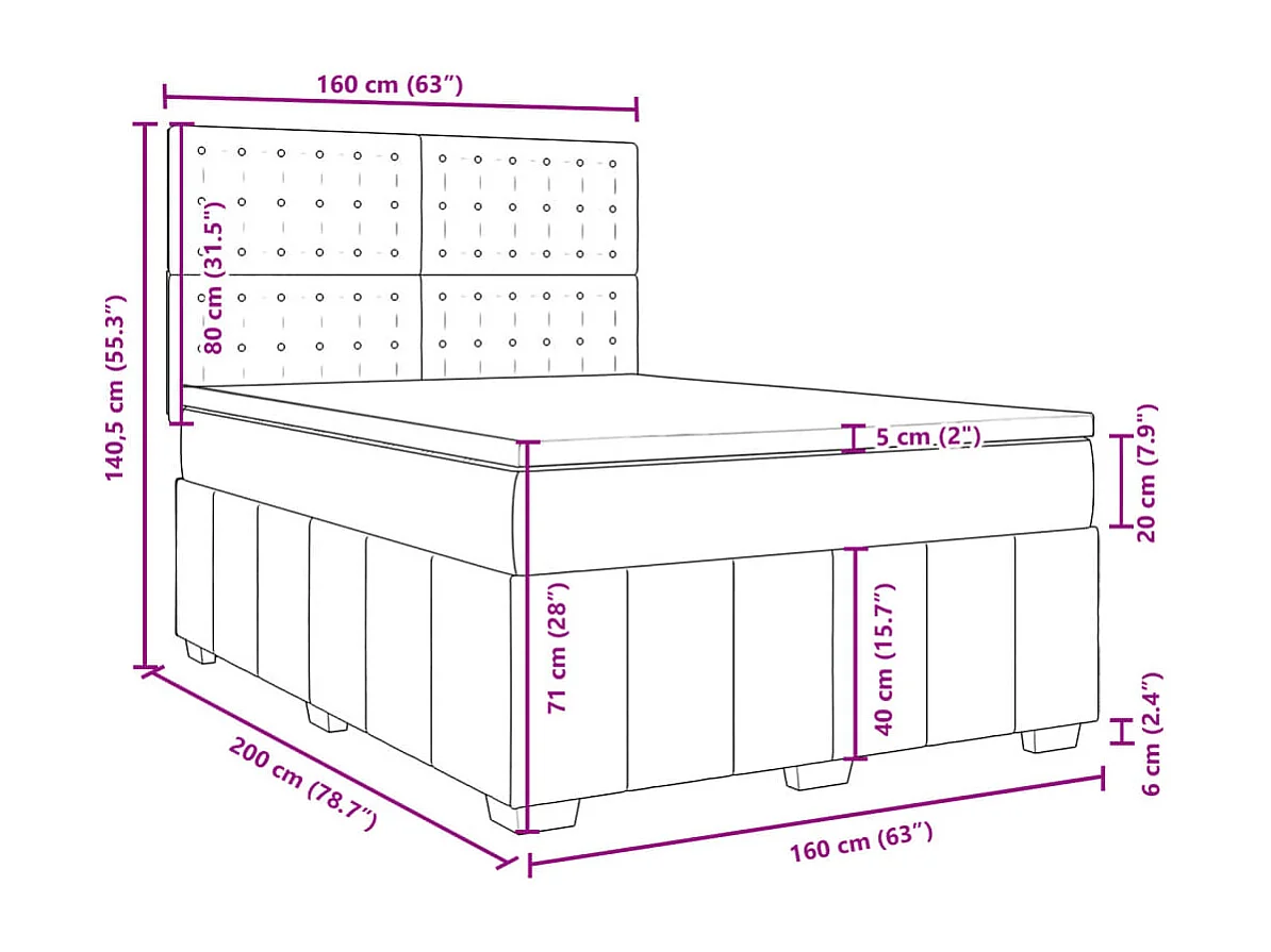 Cama box spring con colchón tela gris claro 160x200 cm
