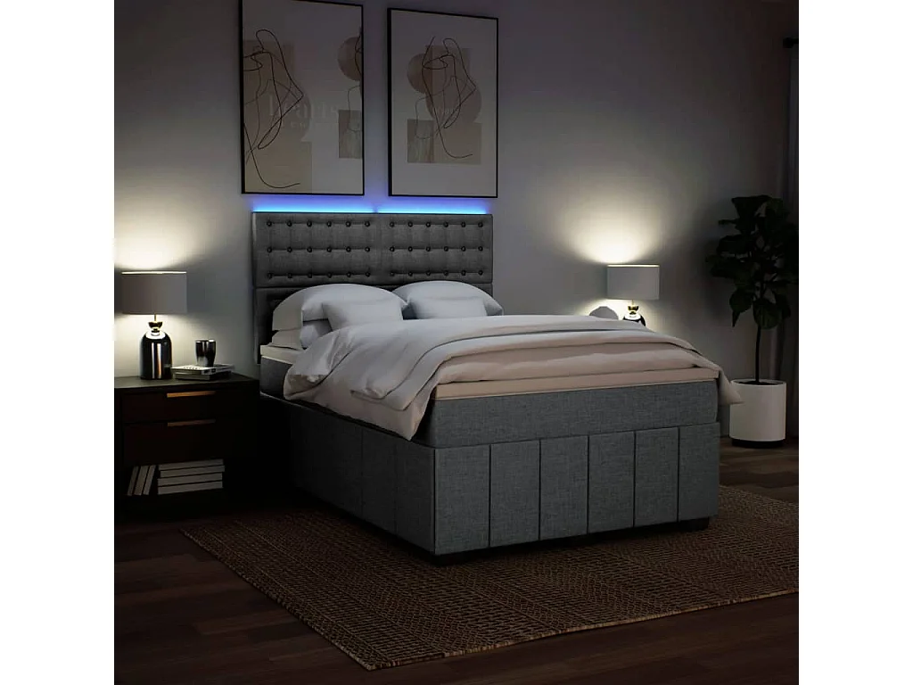Cama box spring con colchón tela gris claro 160x200 cm