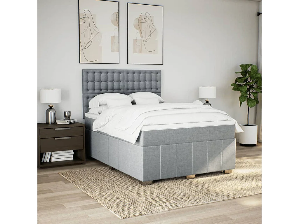 Cama box spring con colchón tela gris claro 160x200 cm