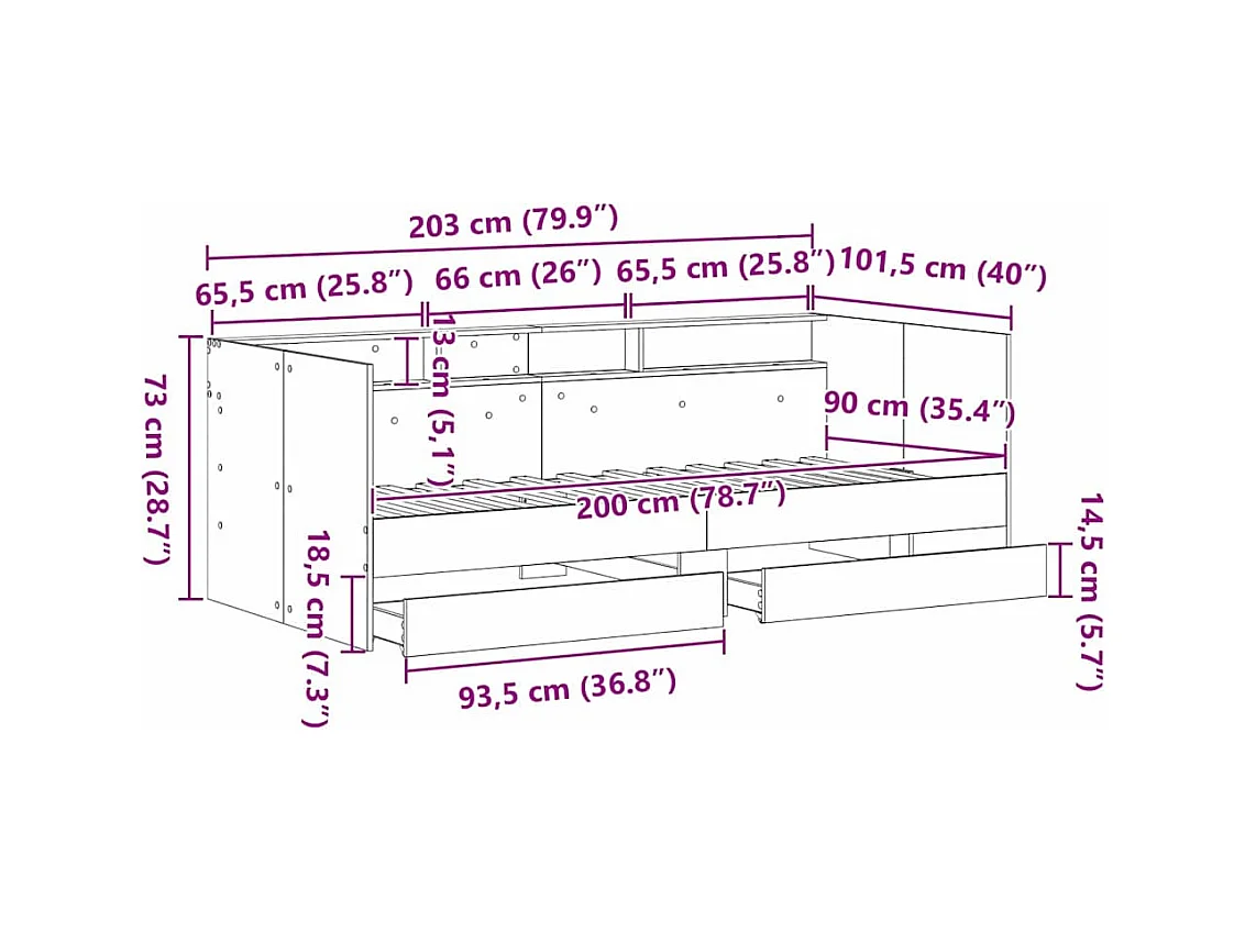 Struttura di daybed con cassetti rovere artigianale 90 x 200 cm
