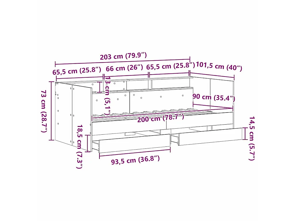 Lit d'appoint Chêne artisanal 90 x 200 cm Bois d'ingénierie