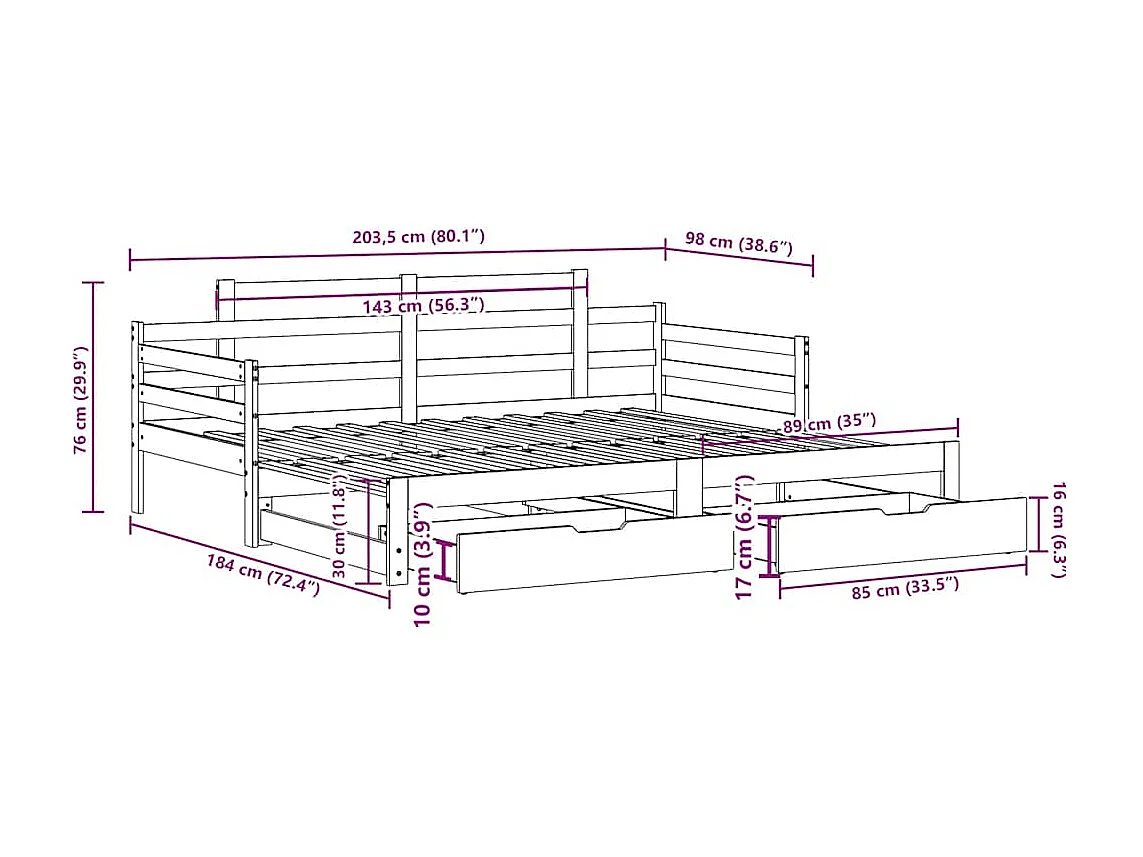 Sofá cama nido con cajones sin colchón blanco 90x200 cm