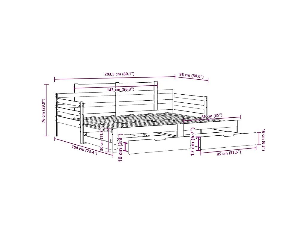 Letto Estraibile con Cassetti senza Materasso Bianco 90x200 cm
