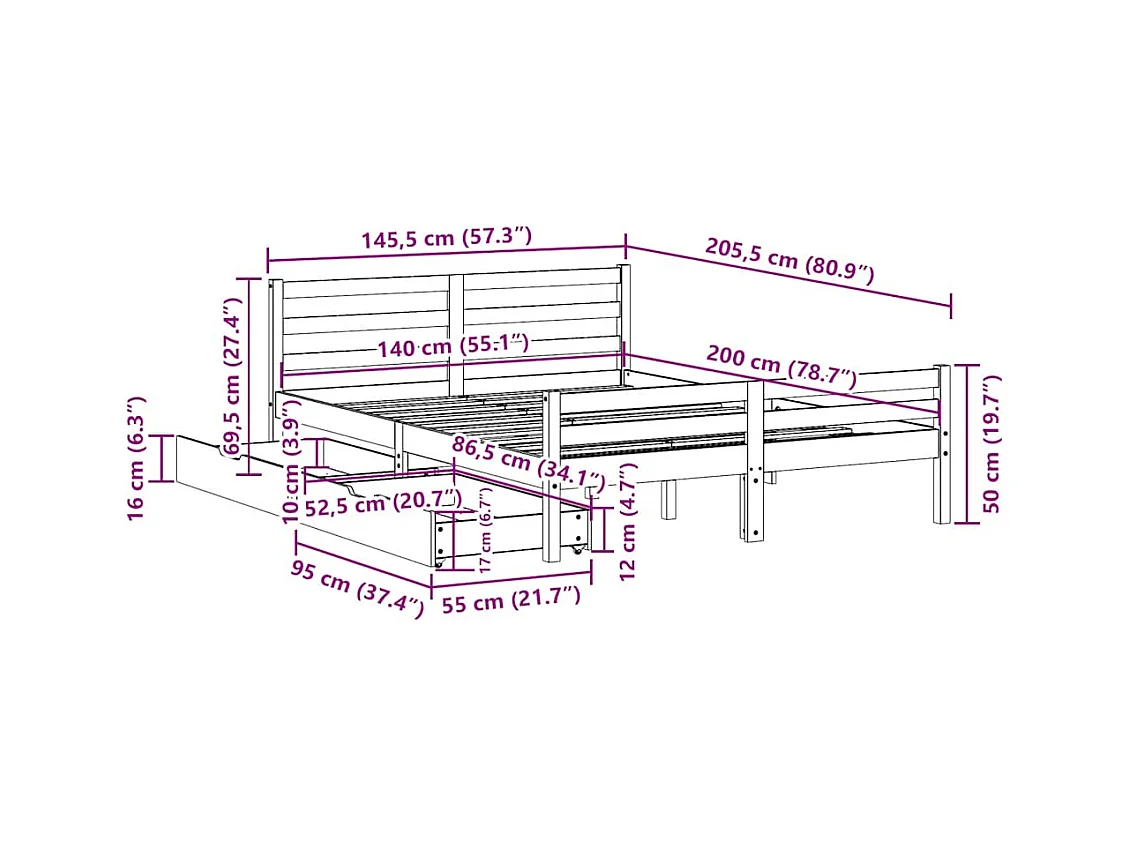 Cadre de lit sans matelas blanc 140x200 cm bois de pin massif