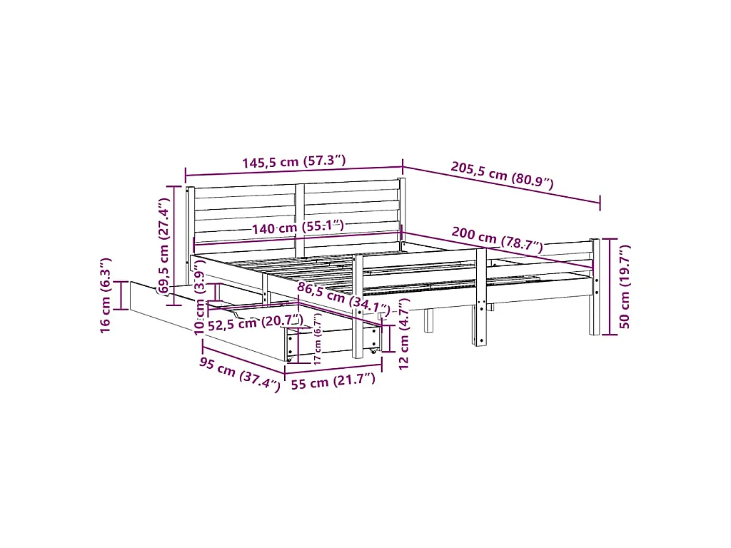 Letto senza Materasso Bianco 140x200 cm Legno Massello di Pino