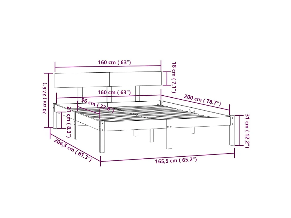 Cadre de lit sans matelas bois massif 160x200 cm