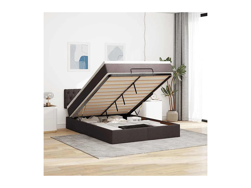 Lit ottoman avec matelas marron foncé 140x190 cm tissu