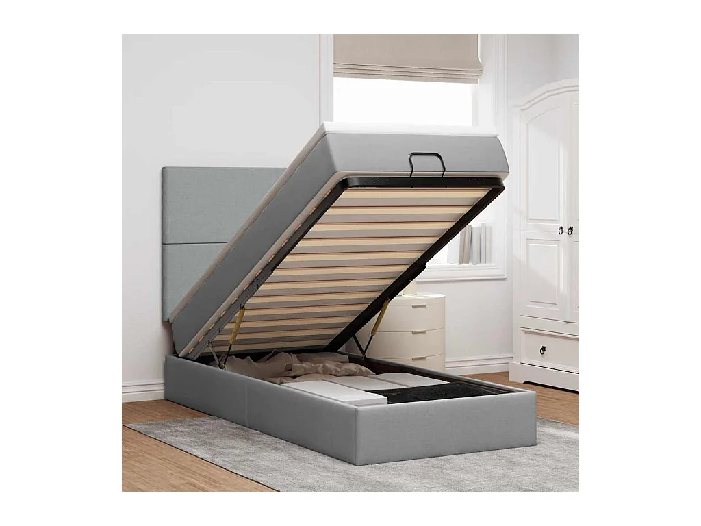Ottoman-Bett mit Matratze & LEDs Hellgrau 90x190 cm Stoff