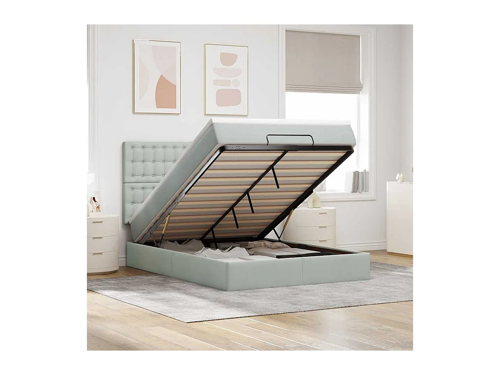 Cadre de lit ottoman et matelas gris clair 140x190 velours