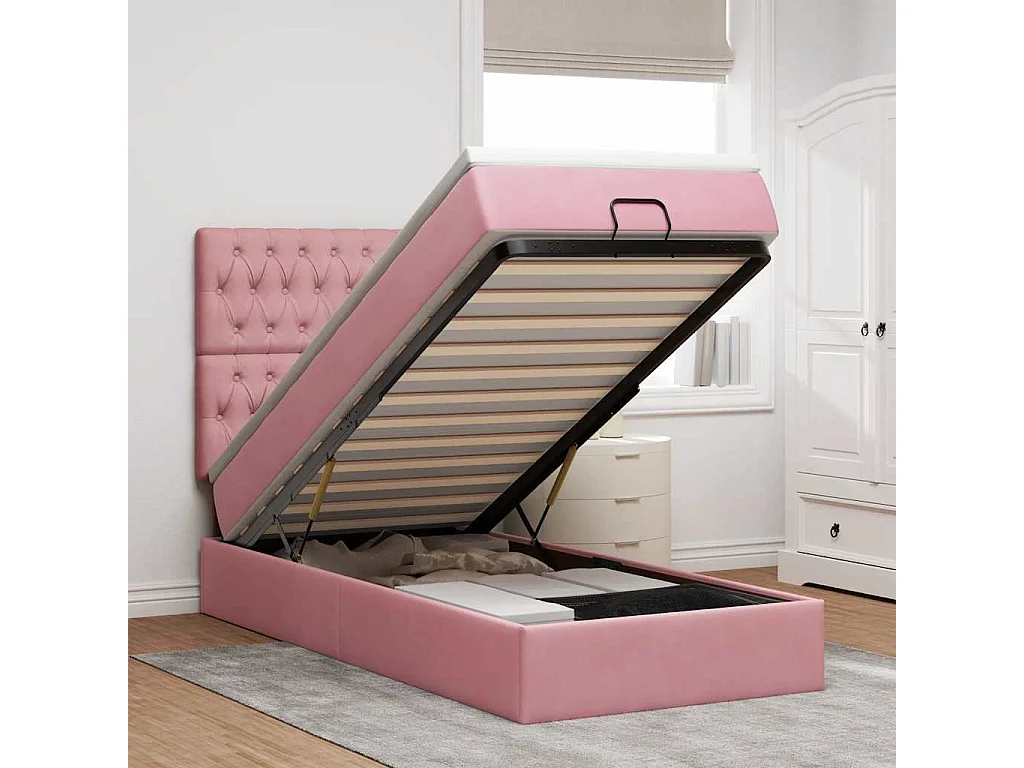 Struttura Letto Pouf con Materassi Rosa 90x190 cm in Velluto