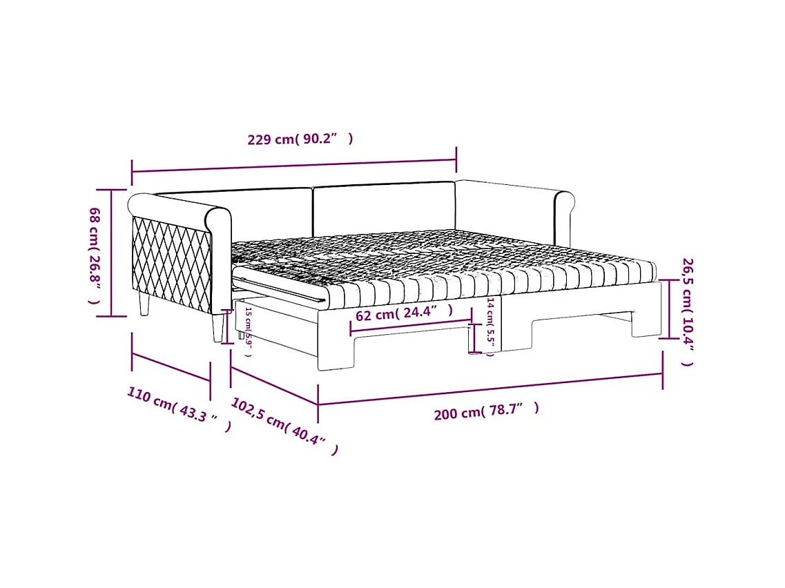 Slaapbank onderschuifbed matrassen 100x200cm fluweeldonkergrijs