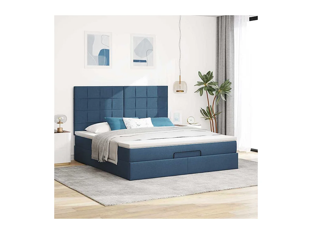 Cadre de lit ottoman avec matelas bleu 160x200 cm tissu