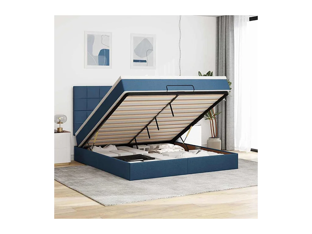 Cadre de lit ottoman avec matelas bleu 160x200 cm tissu