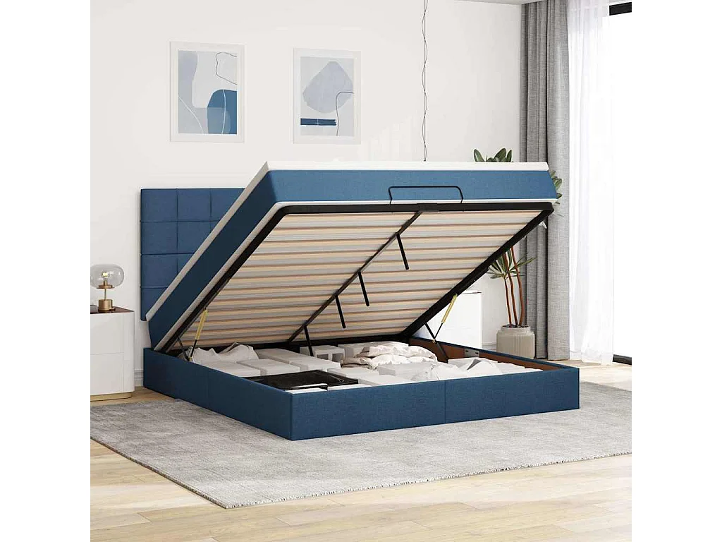 Cadre de lit ottoman avec matelas bleu 160x200 cm tissu