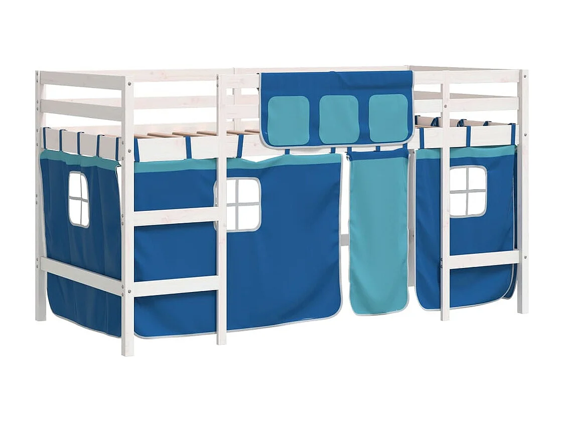 Cama alta para niños con cortinas madera pino azul 90x190 cm