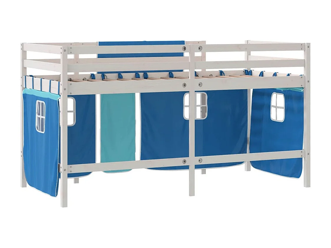 Cama alta para niños con cortinas madera pino azul 90x190 cm
