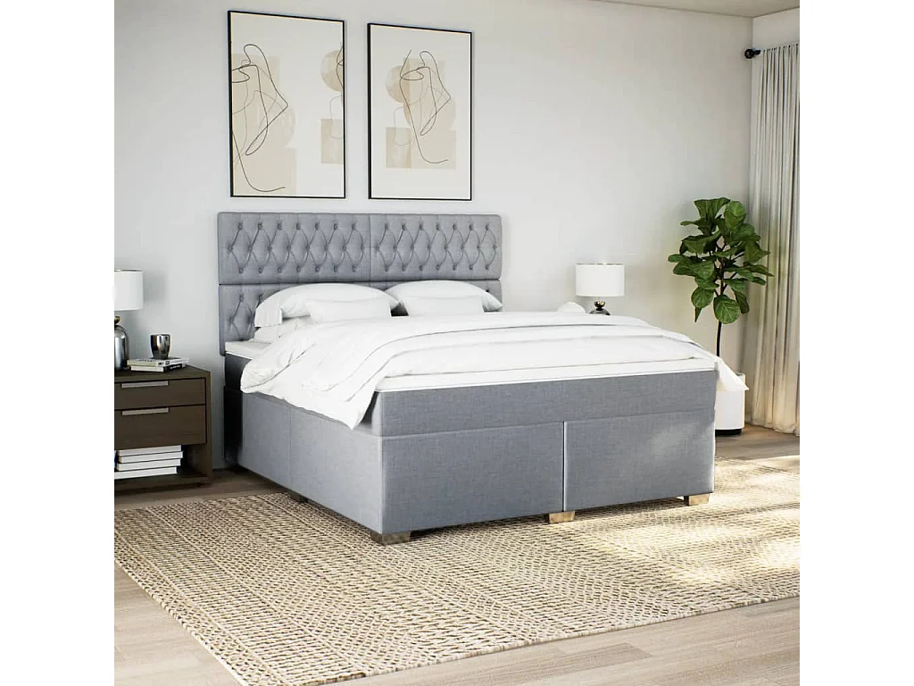 Cama box spring con colchón tela gris claro 180x200 cm