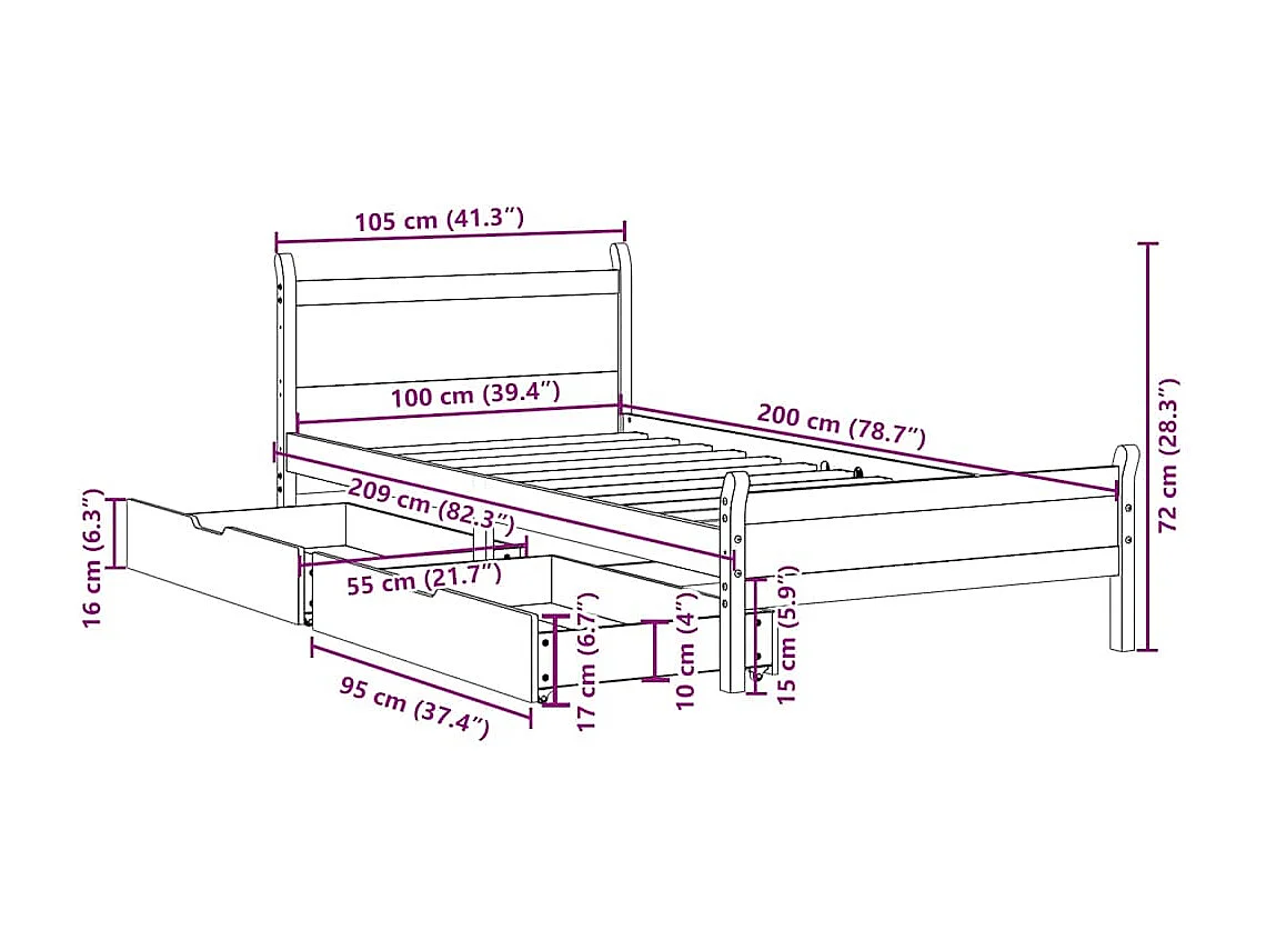Cadre de lit sans matelas cire marron 100x200cm bois pin massif
