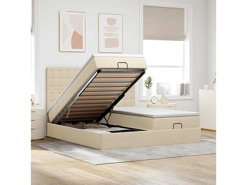 Estrutura de cama otomana com colchões tecido creme 180x200cm