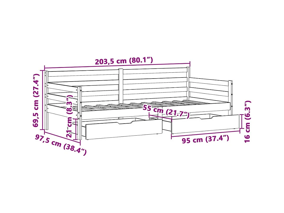 Lit de jour avec tiroirs sans matelas 90x200 cm bois massif