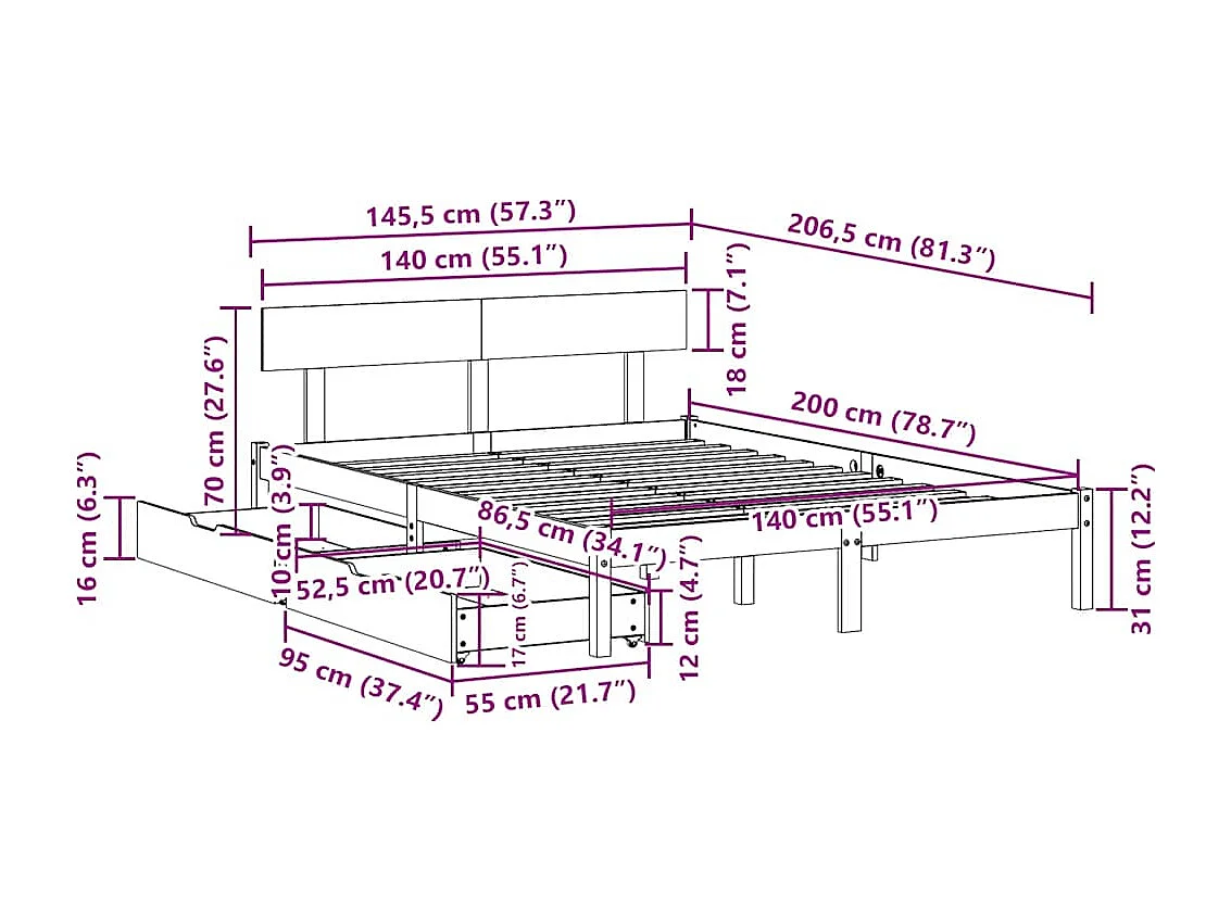 Bedframe zonder matras massief grenenhout 140x200 cm