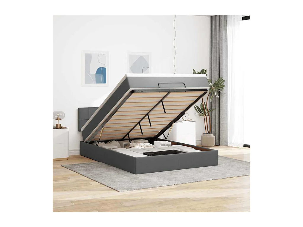 Lit ottoman avec matelas et LED gris foncé 140x190 cm tissu