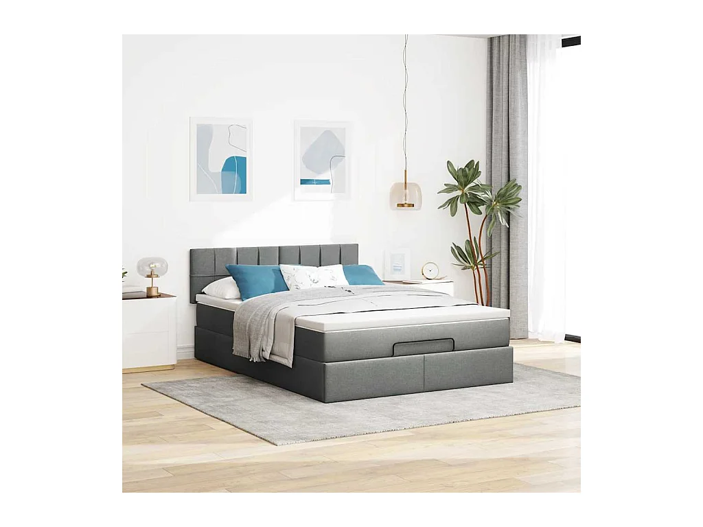 Lit ottoman avec matelas et LED gris foncé 140x190 cm tissu
