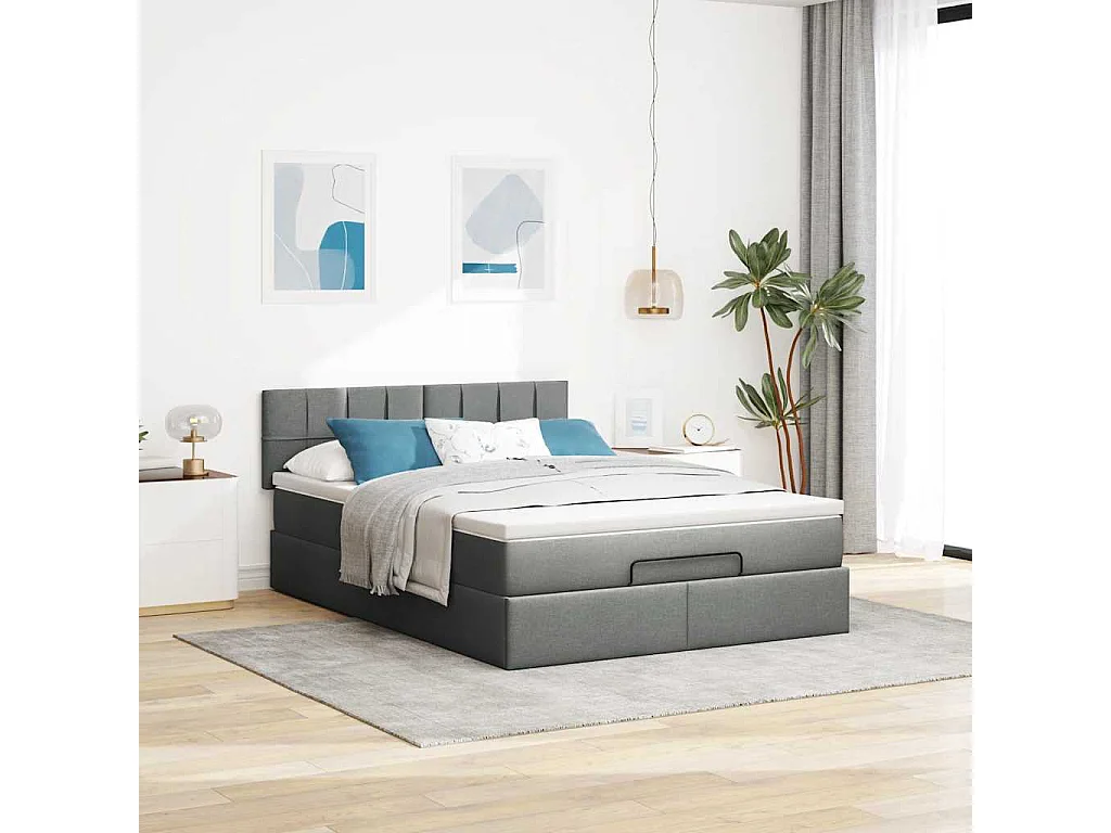 Lit ottoman avec matelas et LED gris foncé 140x190 cm tissu