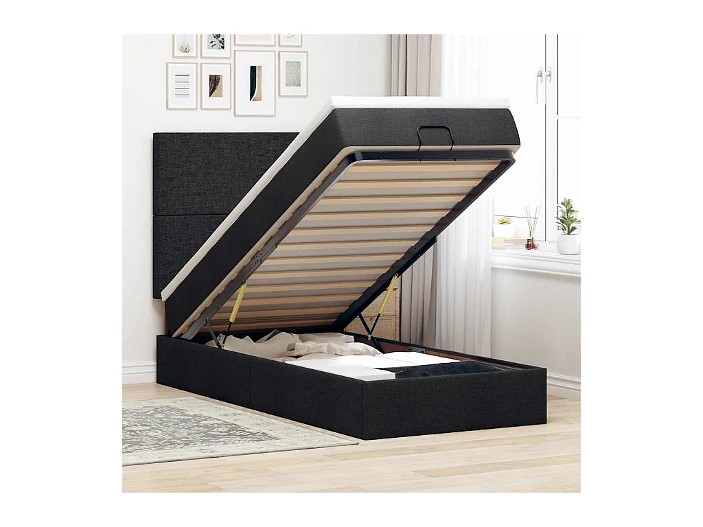 Struttura Letto Pouf con Materasso Nero 90x190 cm in Tessuto