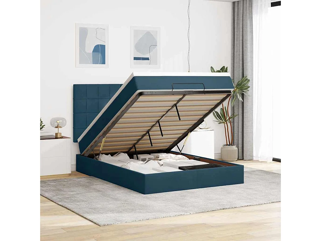 Cadre de lit ottoman avec matelas bleu foncé 140x190 cm velours