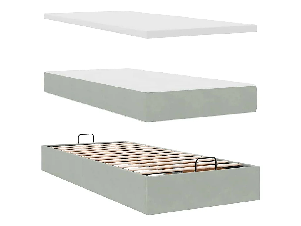 Estructura cama otomana colchón terciopelo gris claro 90x200cm