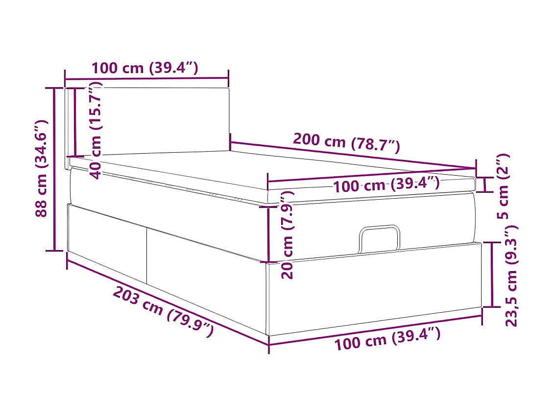 Estructura de cama otomana colchón terciopelo rosa 100x200cm