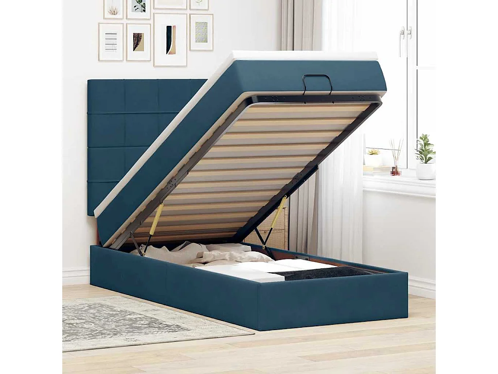 Cadre de lit ottoman avec matelas bleu foncé 100x200 cm velours