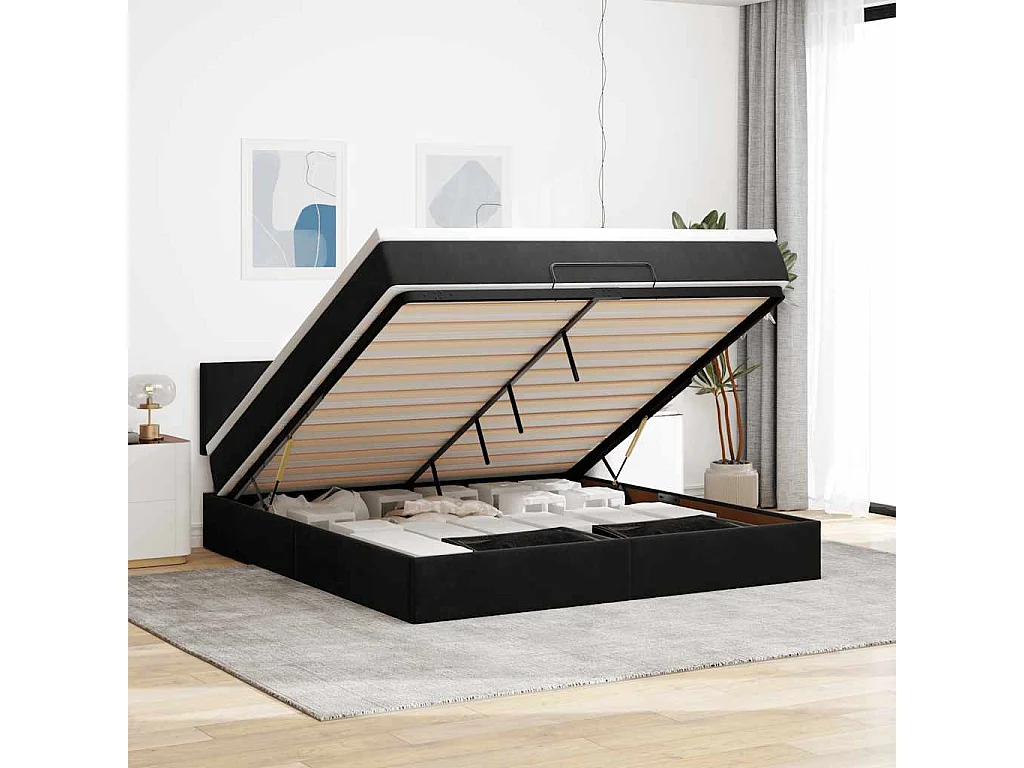 Struttura Letto Pouf con Materasso Nero 160x200 cm in Velluto