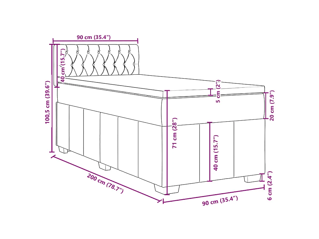 Cama box spring con colchón tela azul 90x200 cm