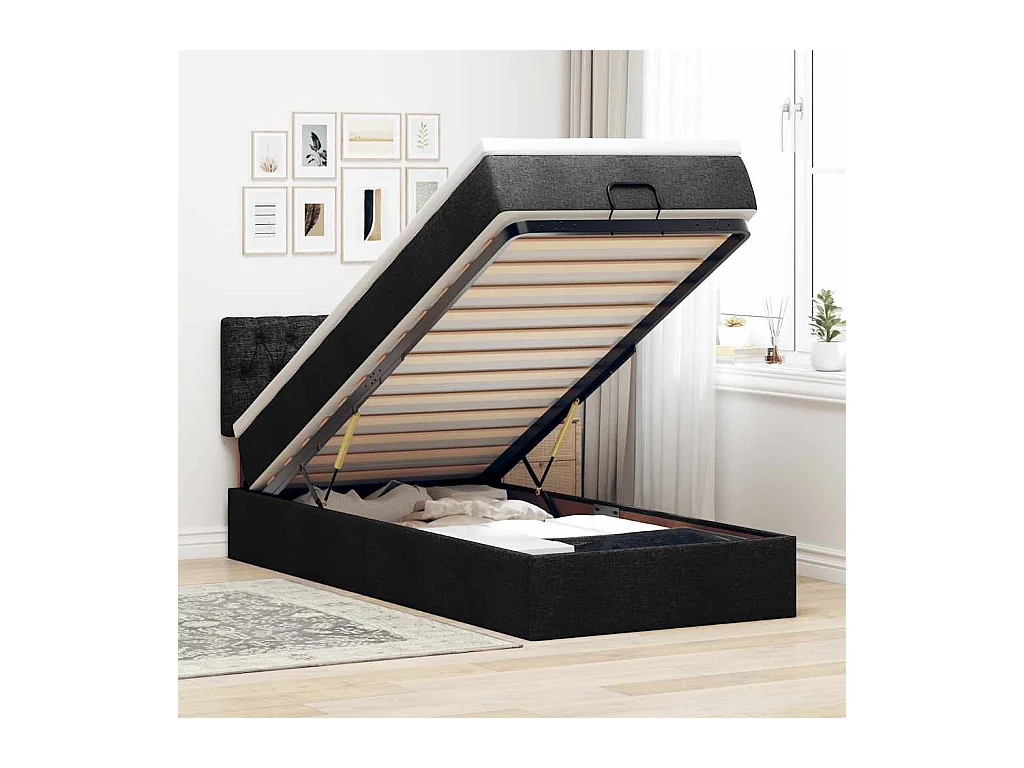 Struttura Letto Pouf con Materasso Nero 90x190 cm in Tessuto