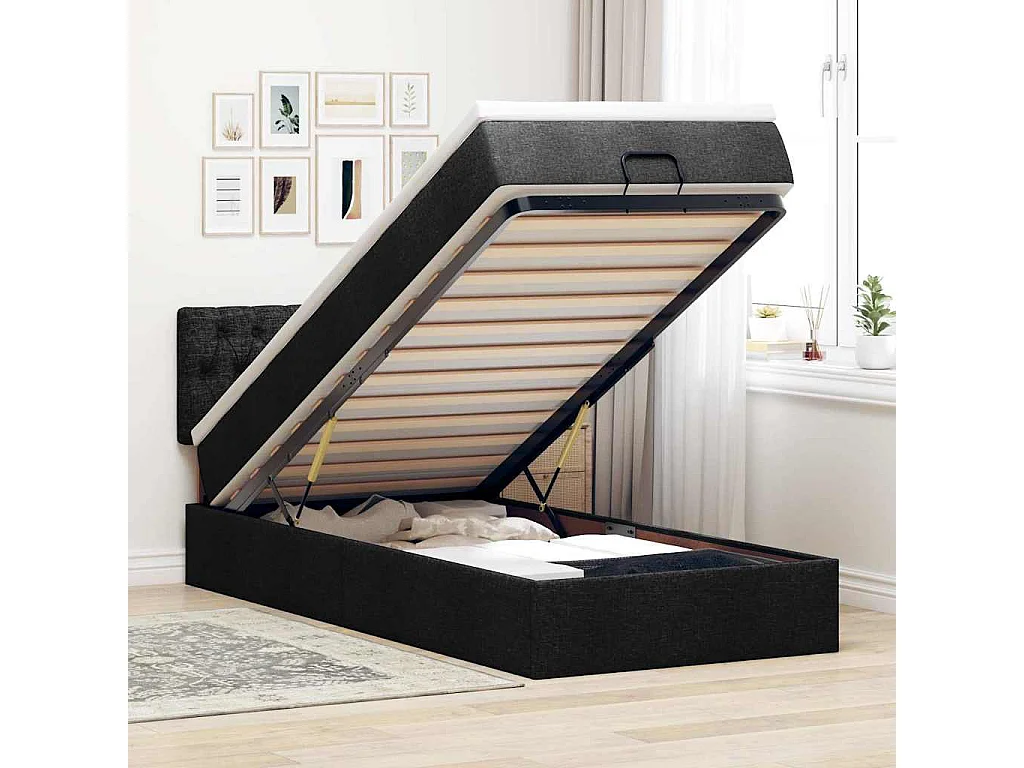 Struttura Letto Pouf con Materasso Nero 90x190 cm in Tessuto