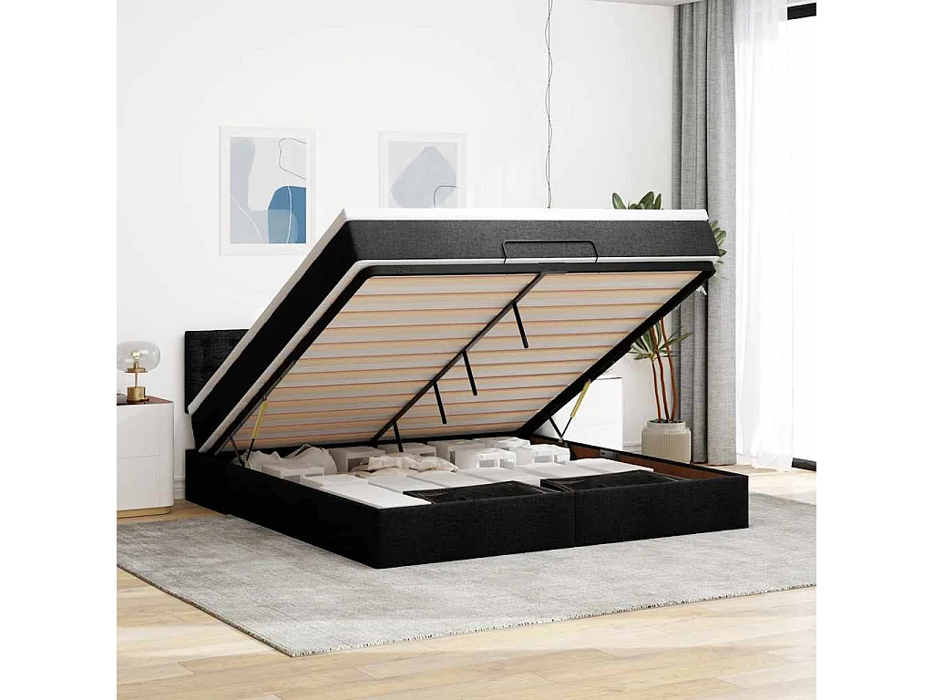 Struttura Letto Pouf con Materasso Nero 160x200 cm in Tessuto