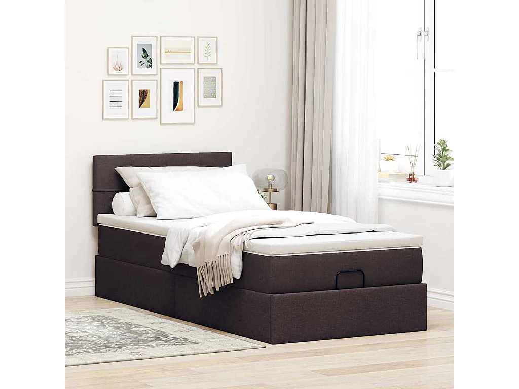 Pouf Letto con Materasso Marrone Scuro 100x200 cm in Tessuto