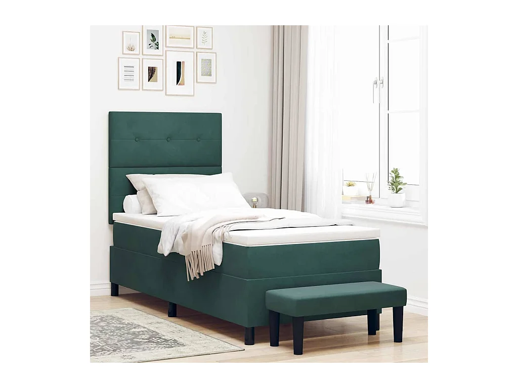 Lit à ressorts avec matelas Vert foncé 90 x 200 cm Velours