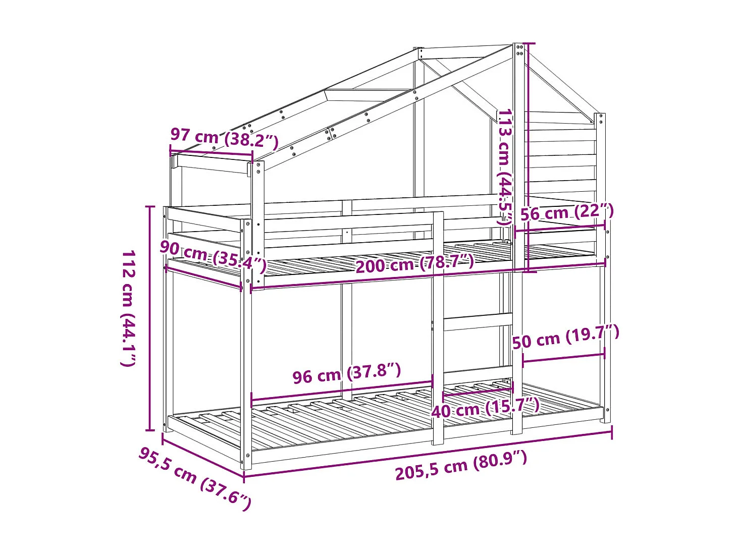 Lit superposé sans matelas blanc 90x200 cm bois de pin massif