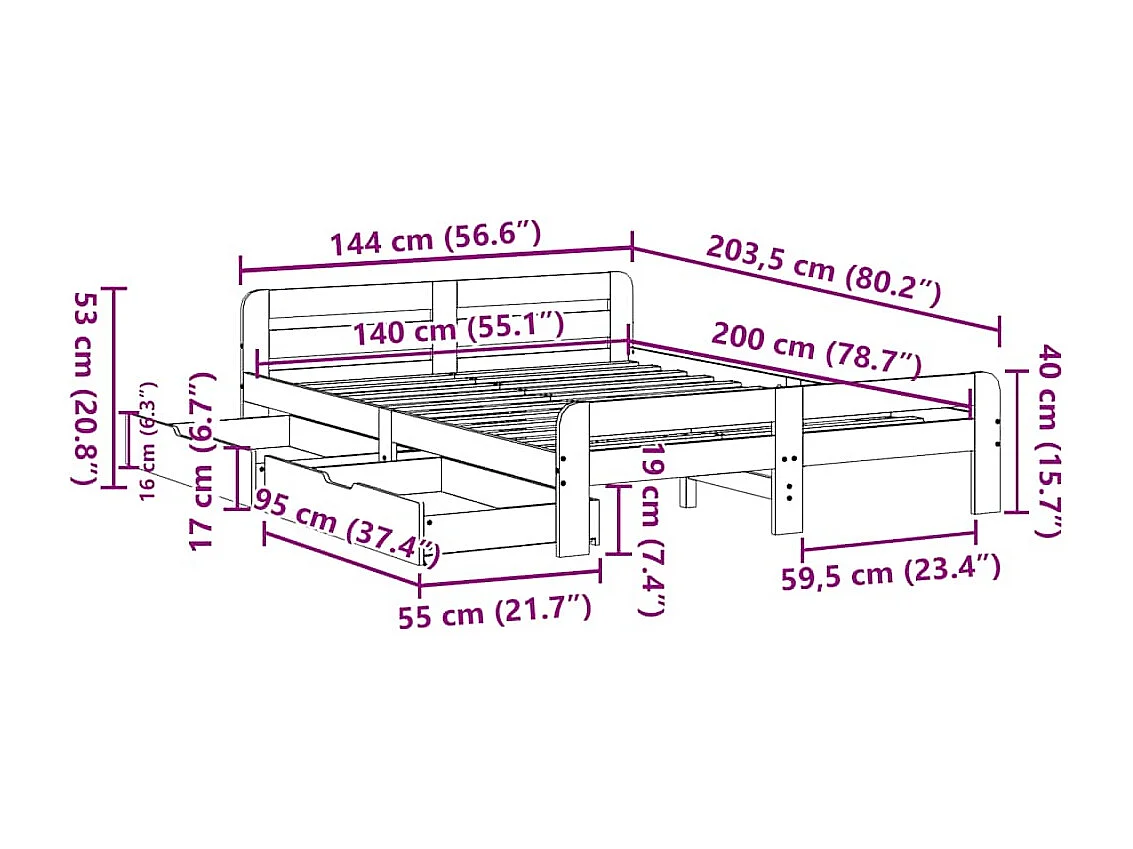 Cadre de lit sans matelas cire marron 140x200cm bois pin massif