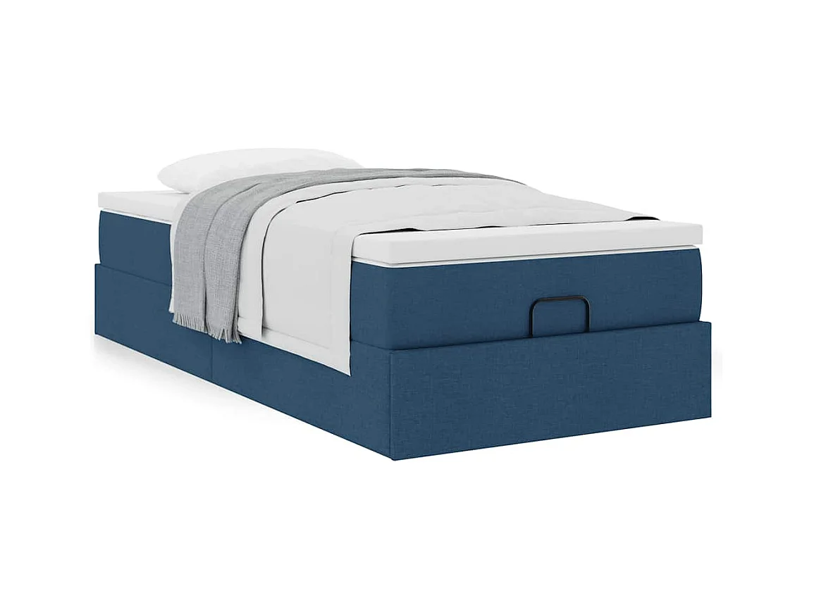 Cadre de lit ottoman avec matelas bleu 90x190 cm tissu