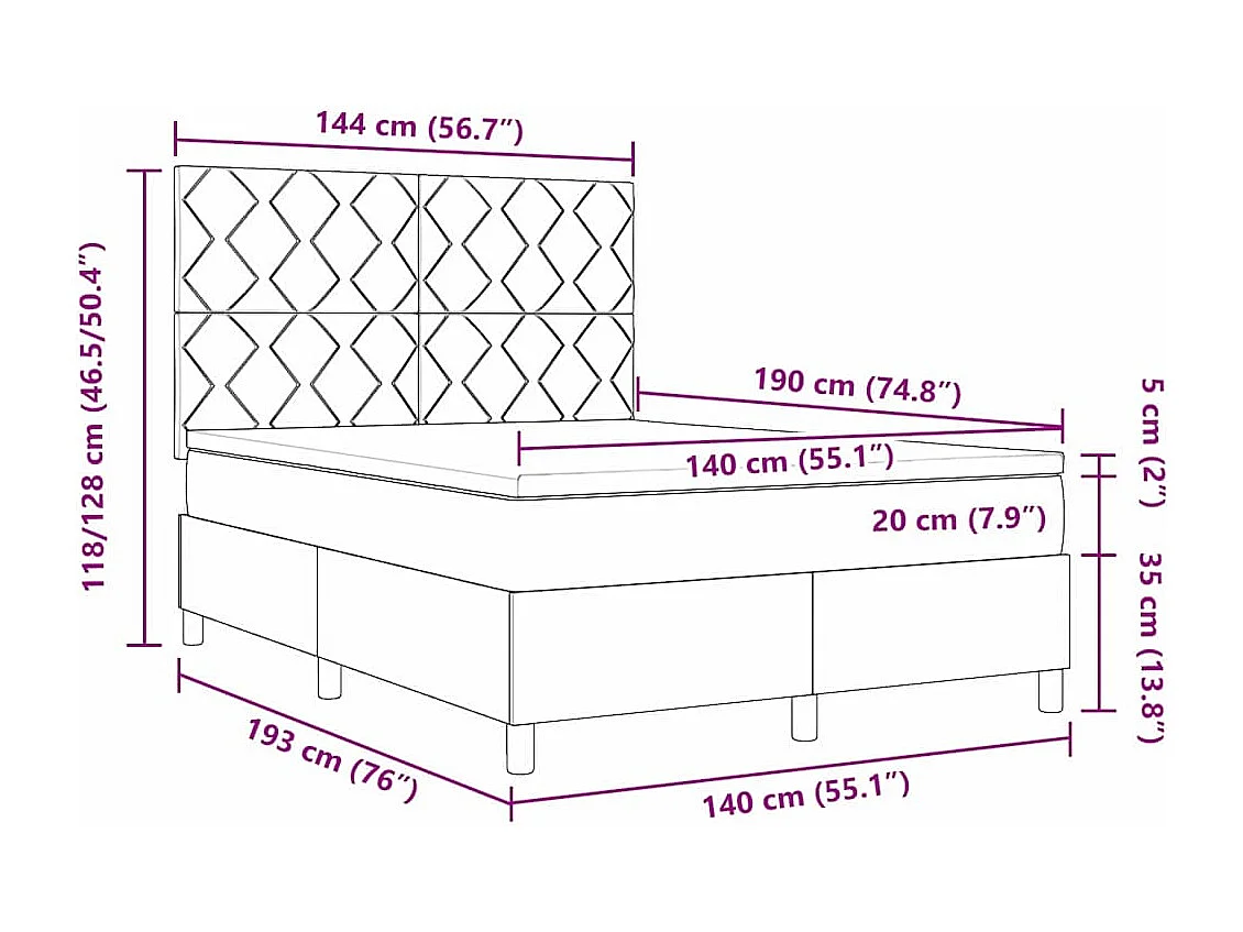 Lit à ressorts avec tête de lit Marron foncé 140 x 190 cm tissu