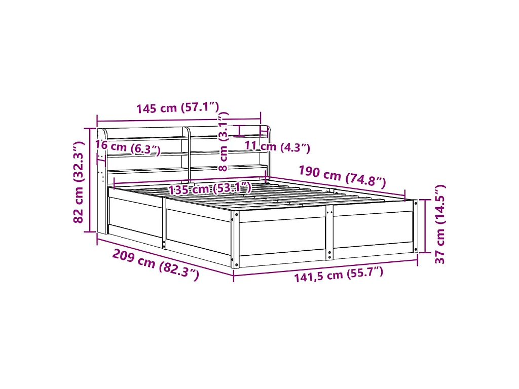 Bedframe met hoofdbord massief grenenhout wit 135x190 cm